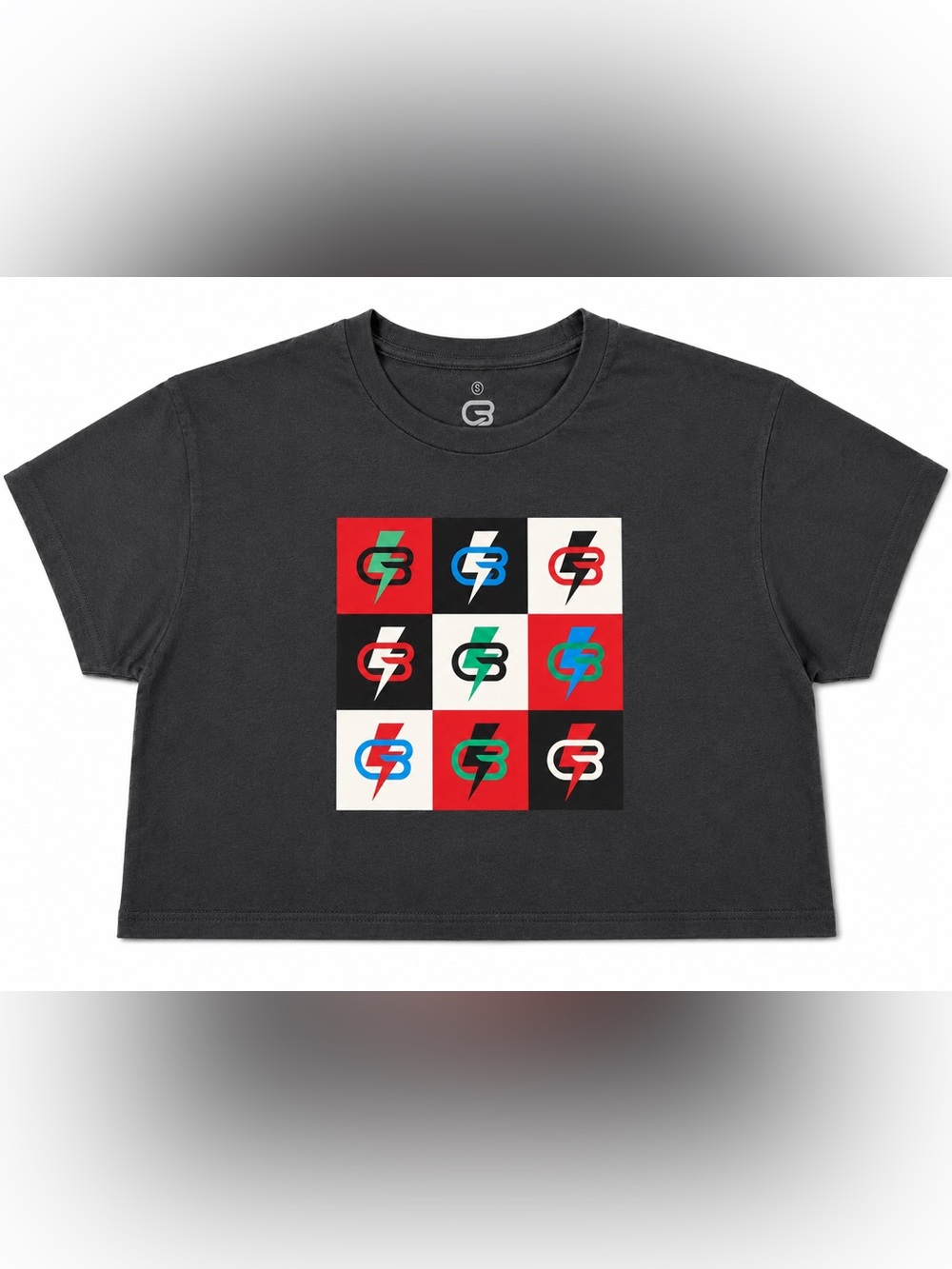 Cyclebar Black Cropped Tee with Red, Blue, Green, White Logo Grid